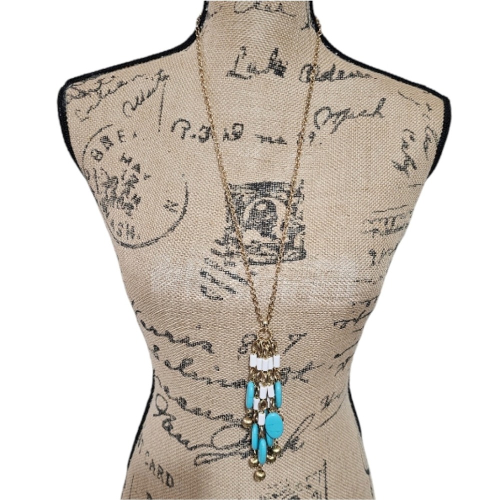 Lilly Pulitzer Turquoise White Gold Tone Tassel Statement Pendant Necklace